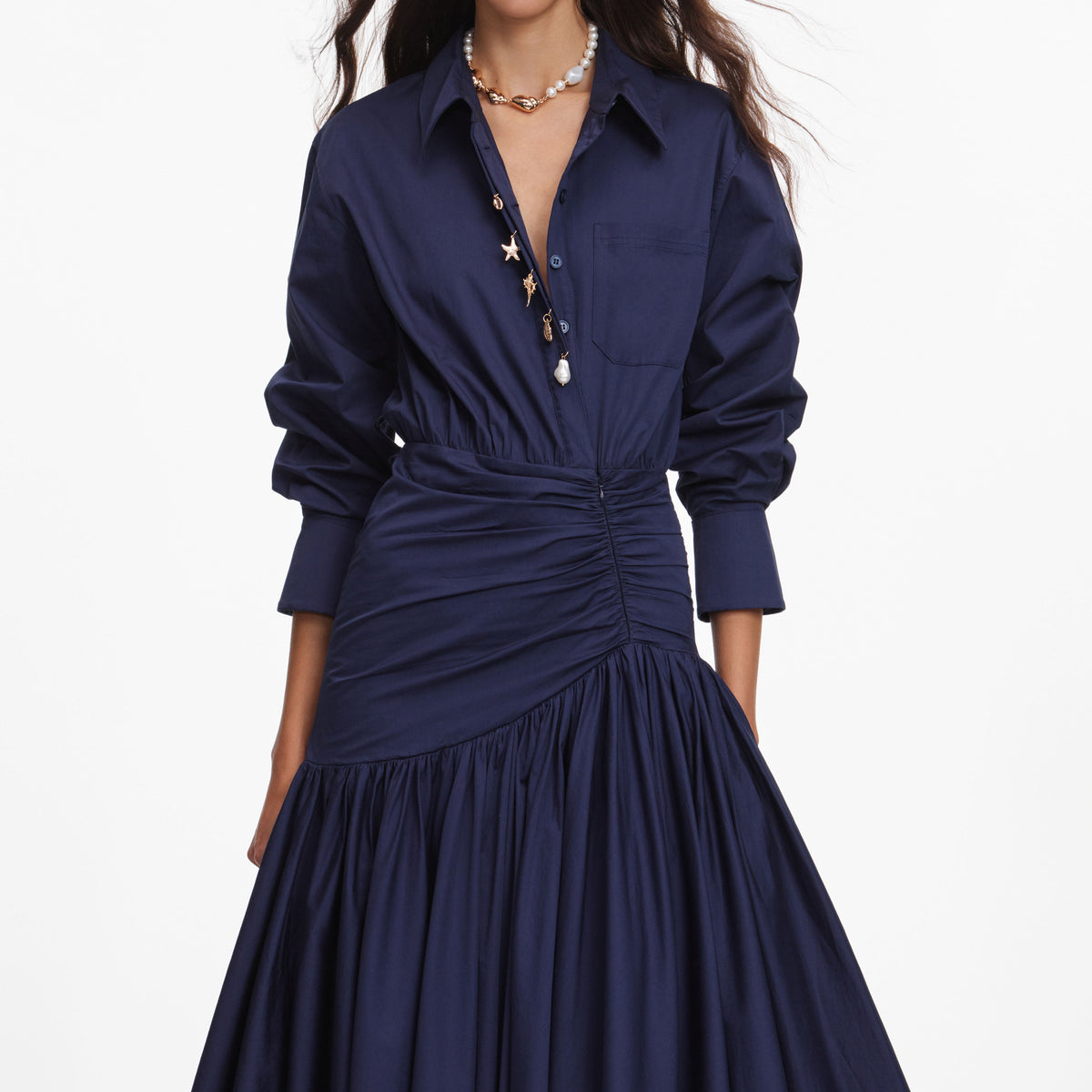 Navy Cotton Asymmetric Midi Dress