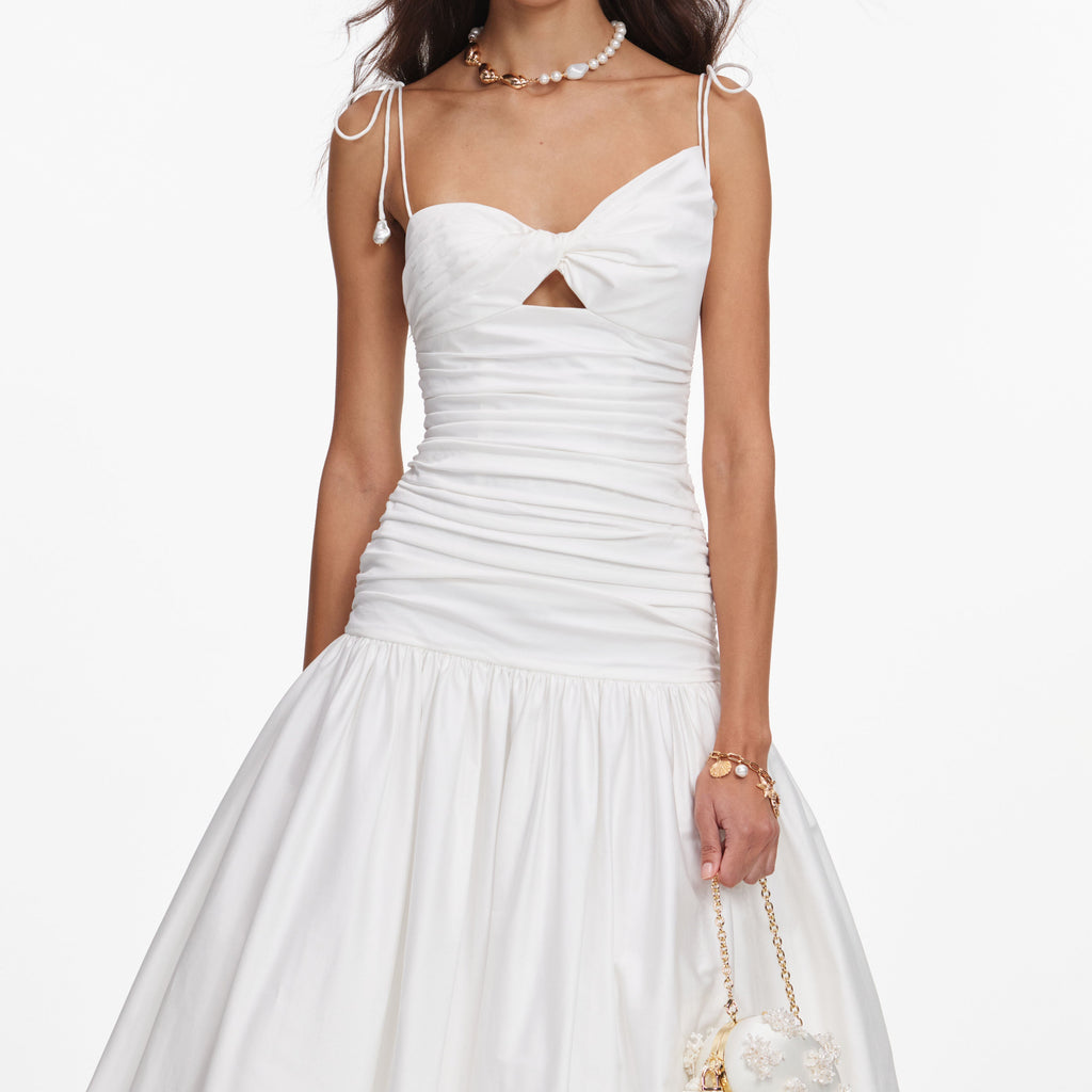 White Cotton Gathered Midi Dress