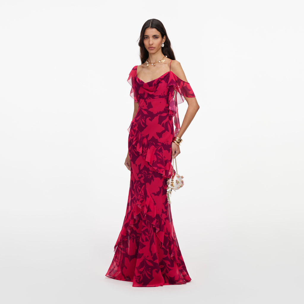 Pink Floral Ruffle Maxi Dress