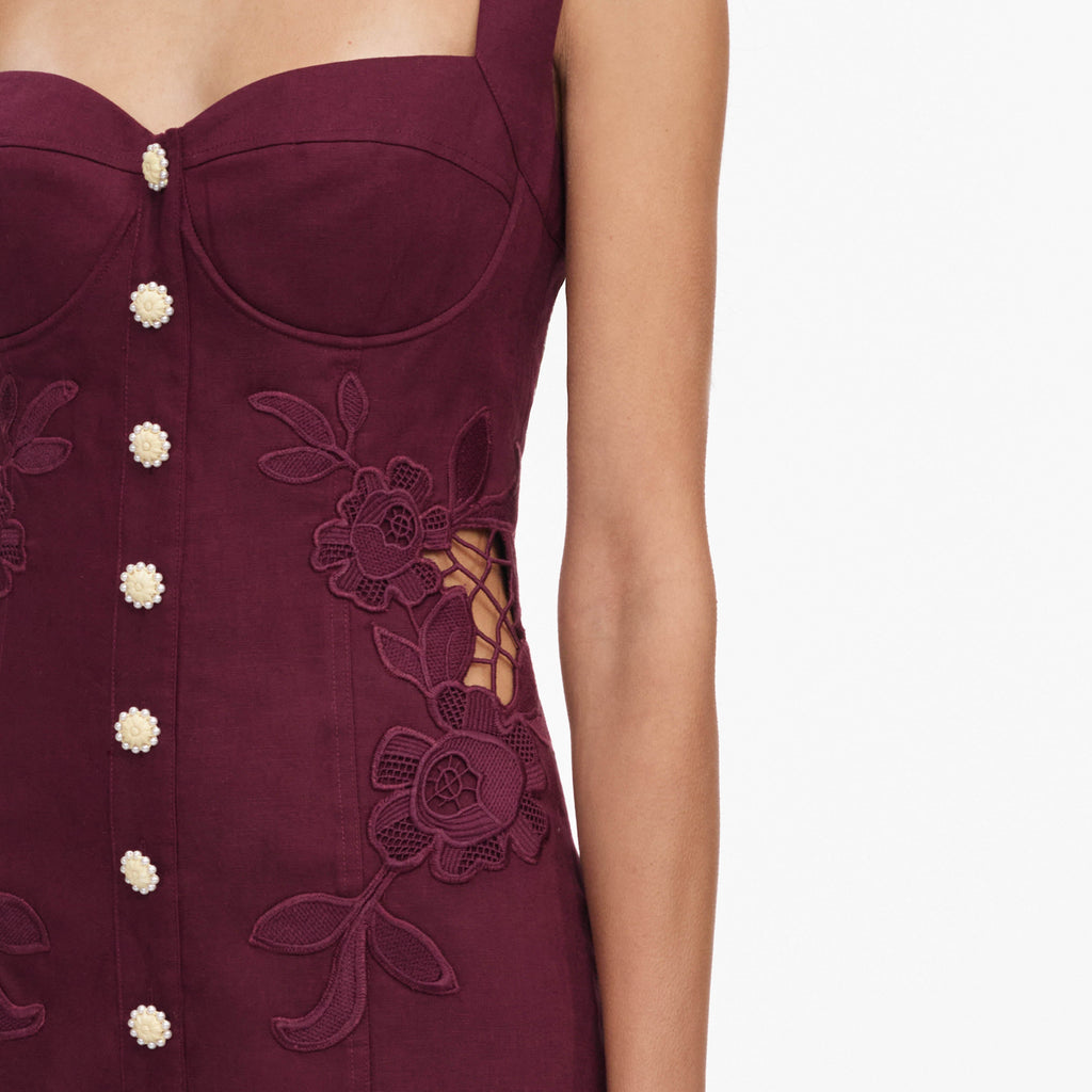 Plum Linen Blend Lace Insert Midi Dress
