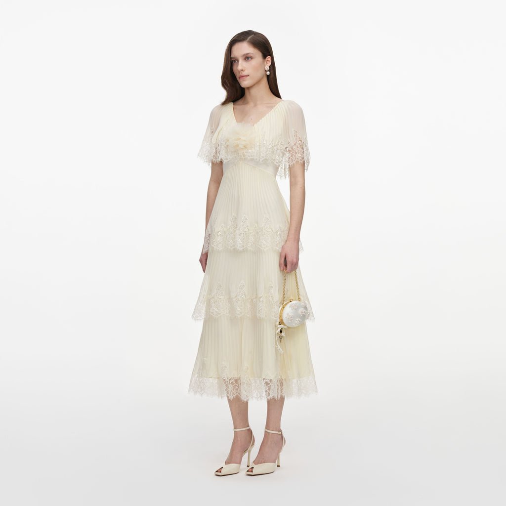 Yellow Chiffon Tiered Midi Dress