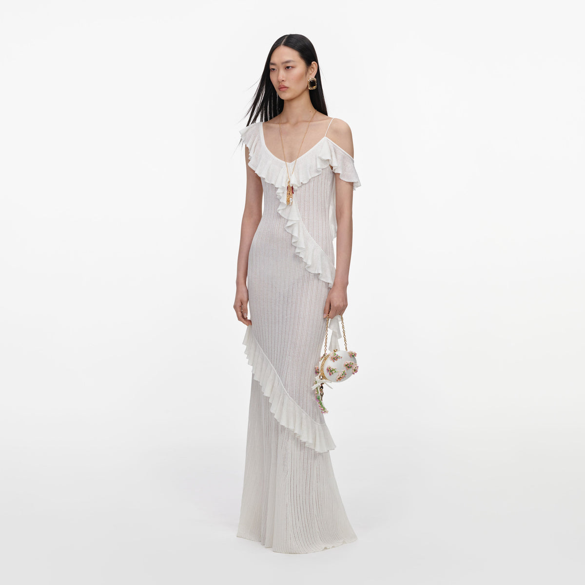 White Ruffle Knit Maxi Dress