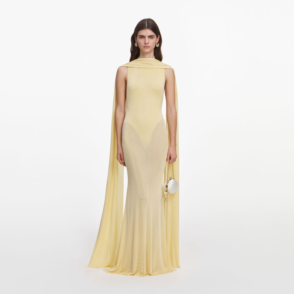 Yellow Viscose Knit Scarf Maxi Dress