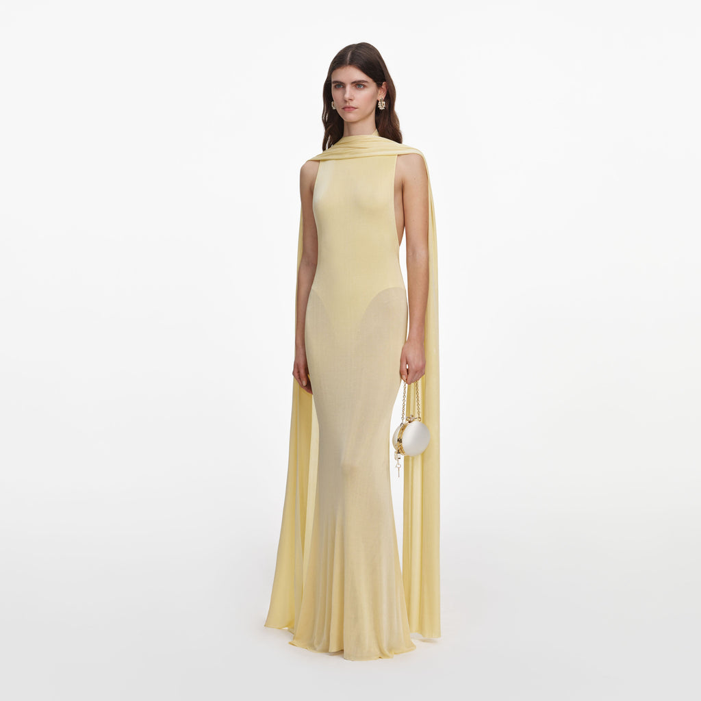 Yellow Viscose Knit Scarf Maxi Dress