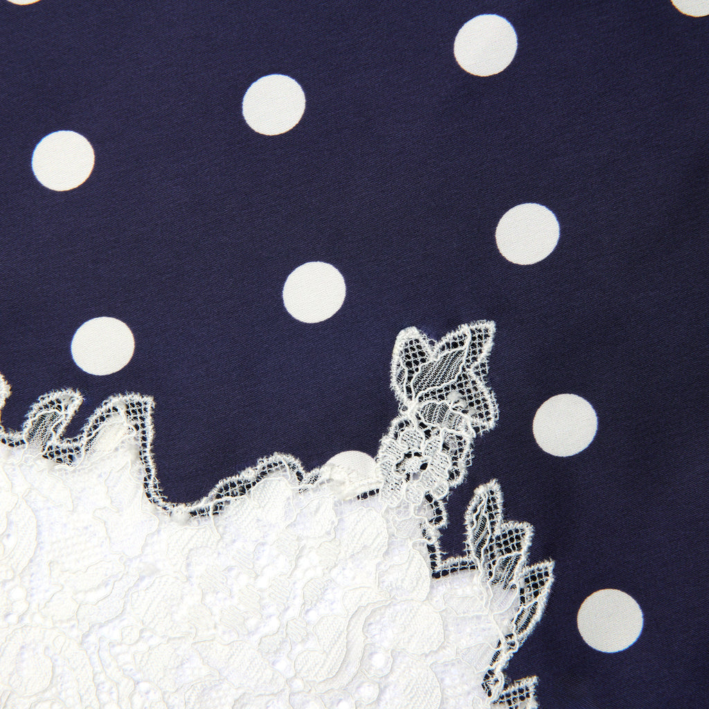 Navy Polka Dot Satin Midi Skirt