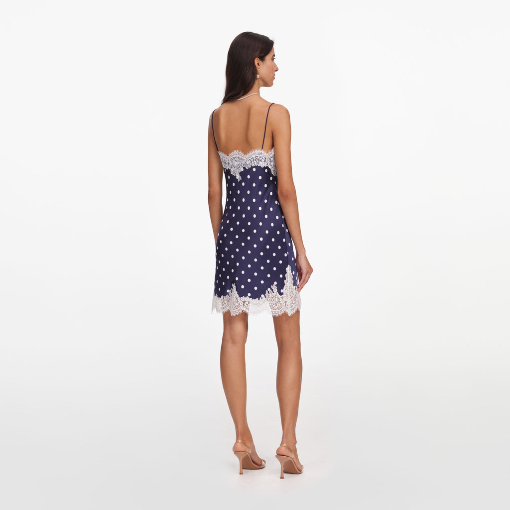 Navy Polka Dot Satin Mini Dress