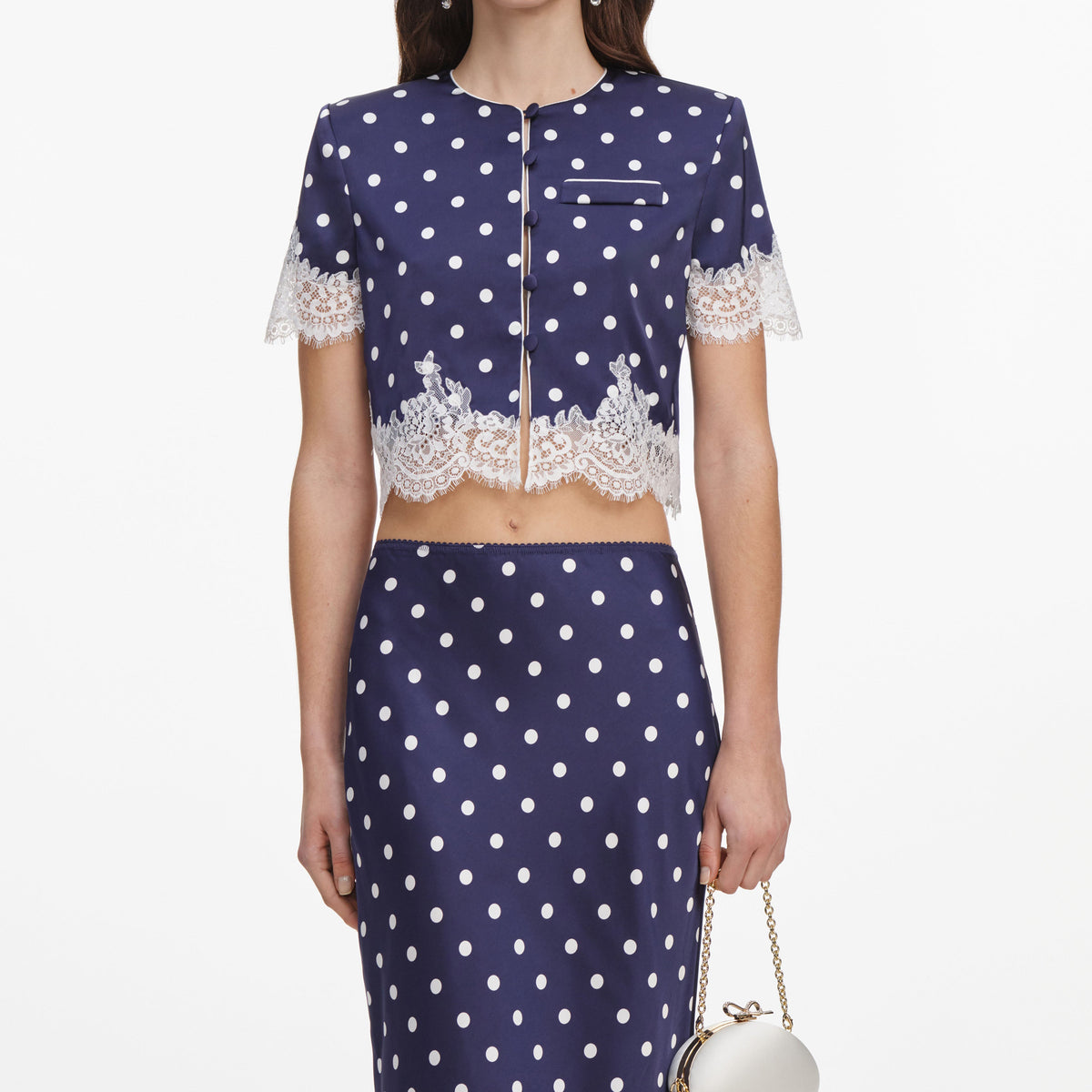 Navy Polka Dot Satin Midi Skirt