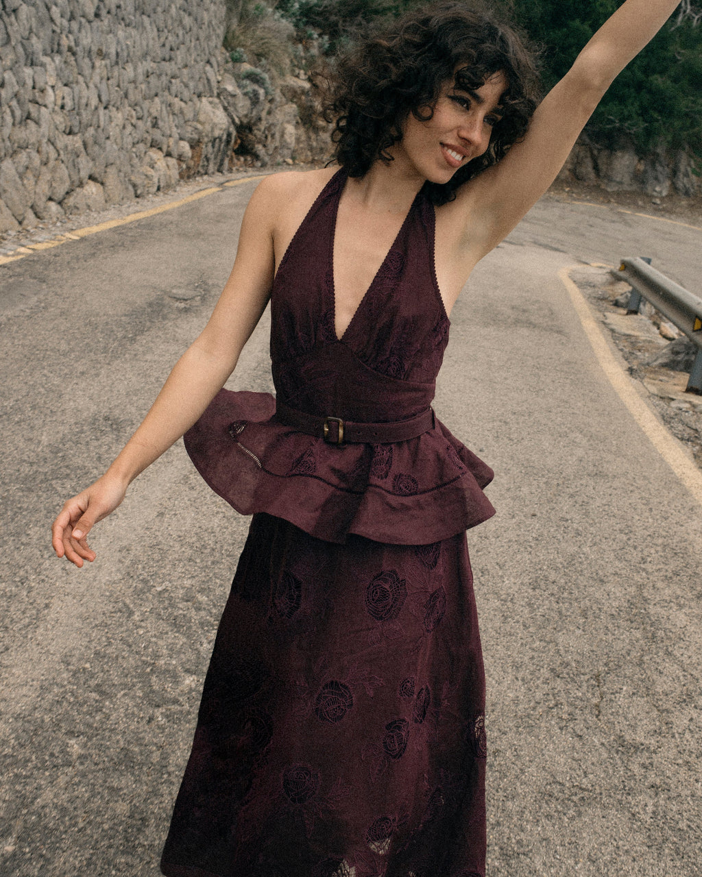 Plum Linen Blend Peplum Midi Dress