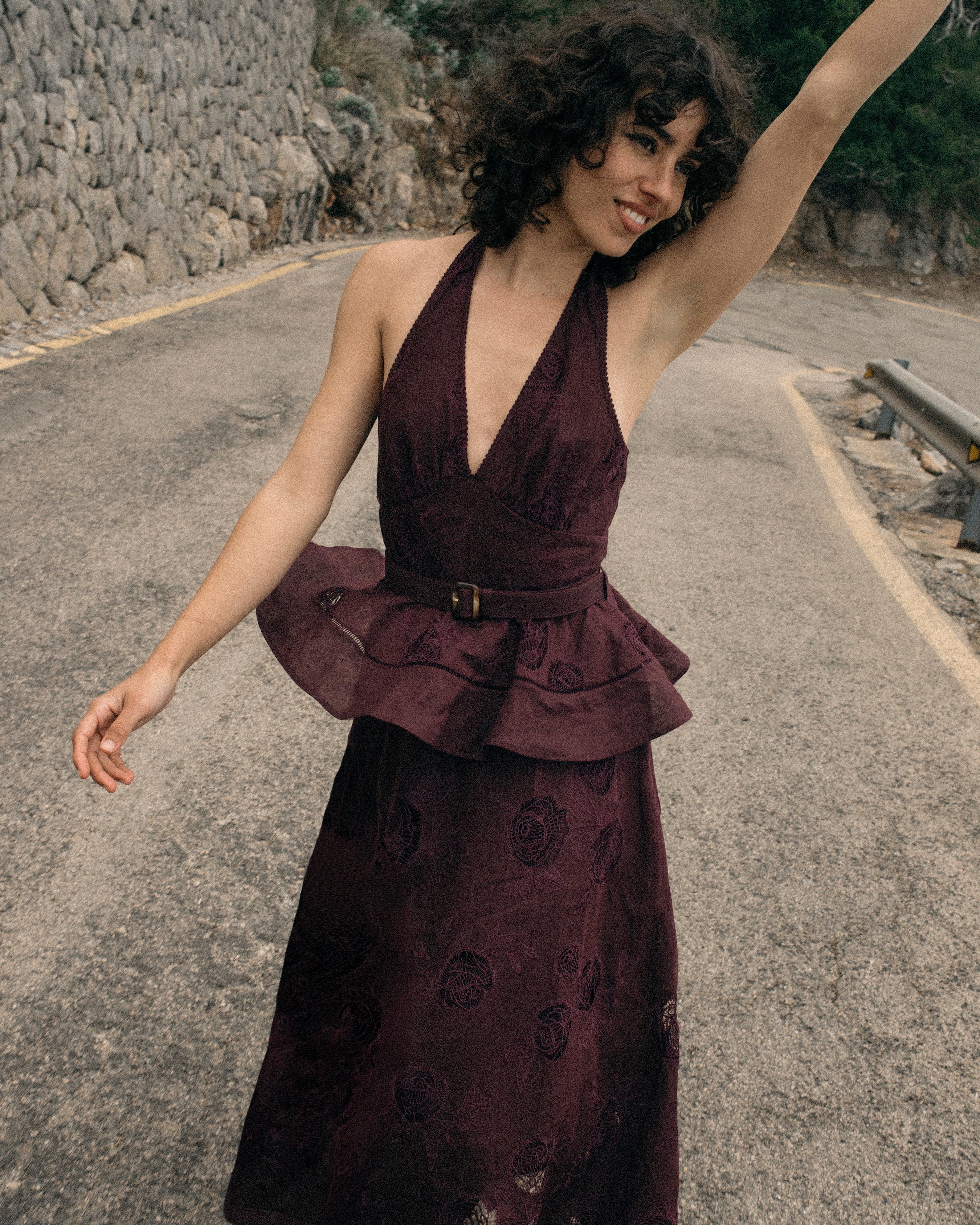 Plum Linen Blend Peplum Midi Dress