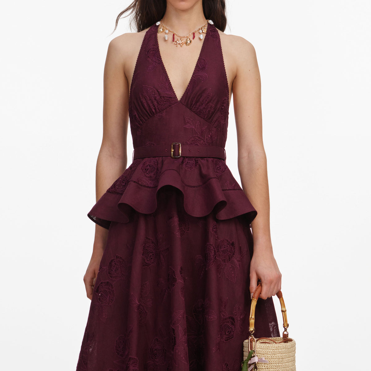 Plum Linen Blend Peplum Midi Dress