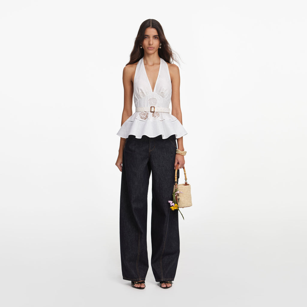 White Linen Blend Peplum Top