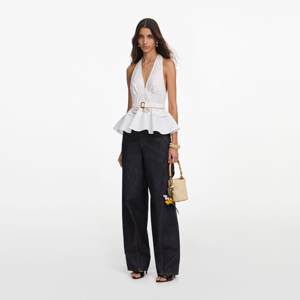 White Linen Blend Peplum Top