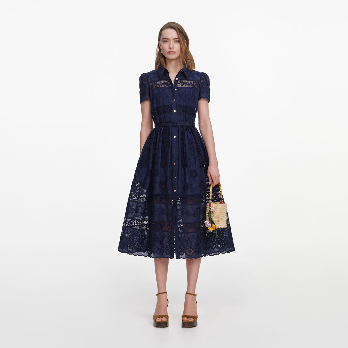 Navy Ramie Collared Midi Dress