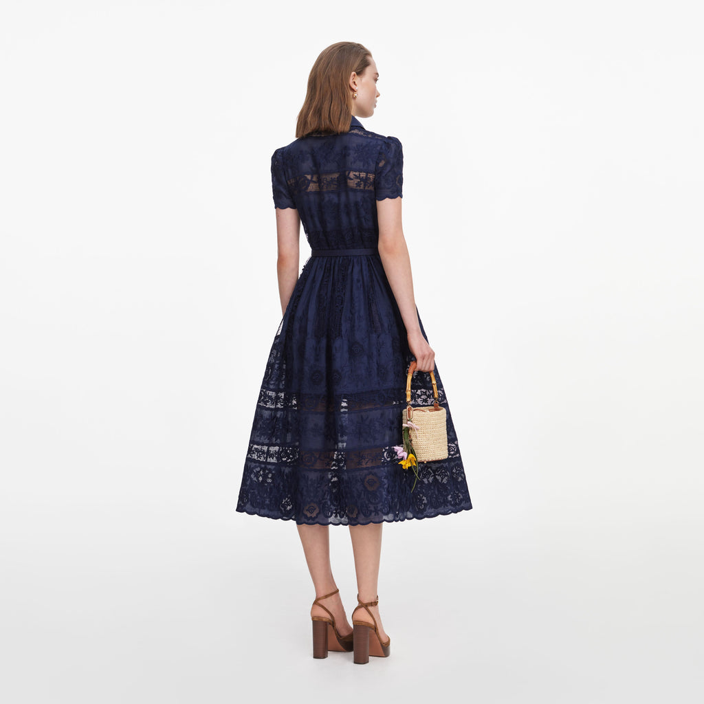 Navy Ramie Collared Midi Dress
