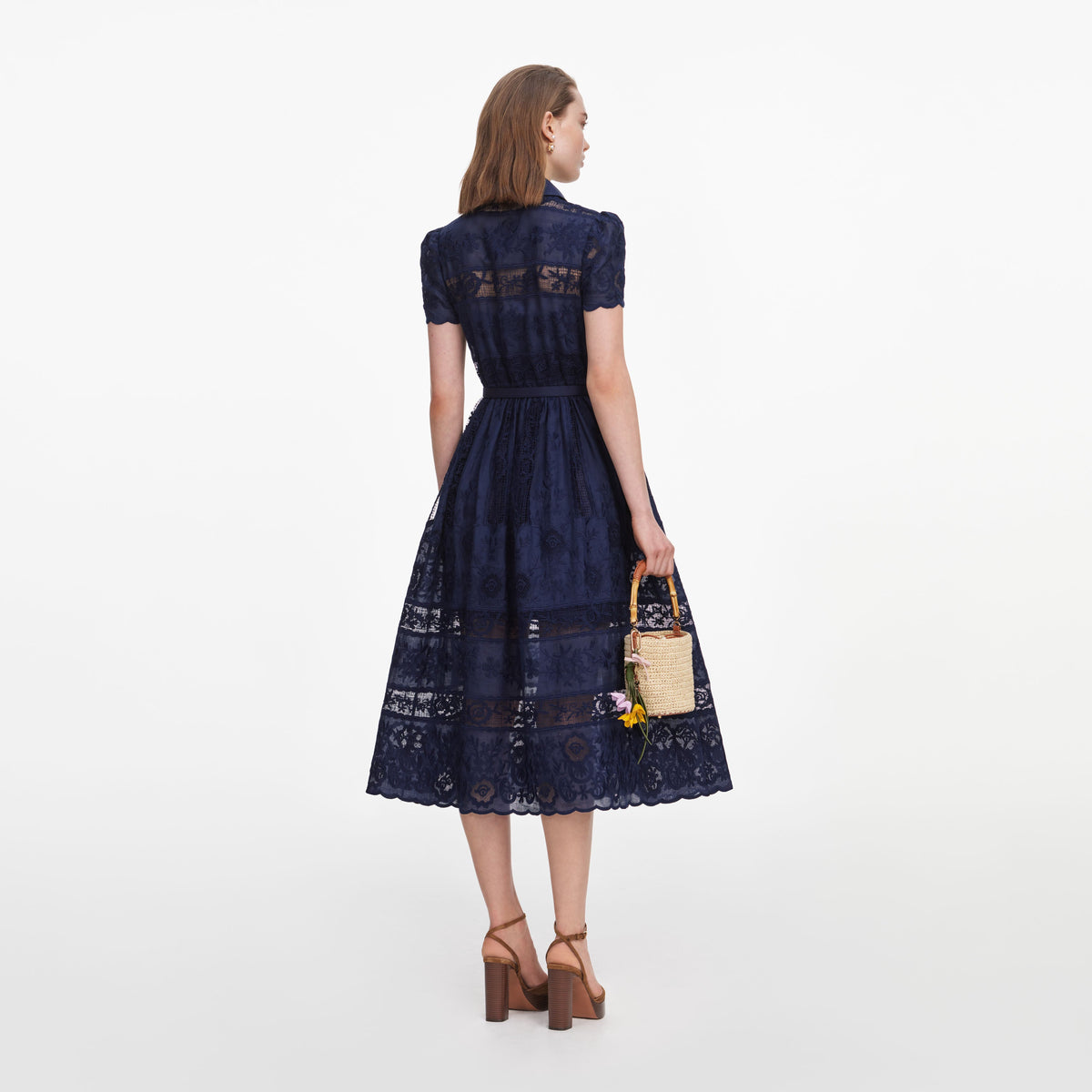 Navy Ramie Collared Midi Dress