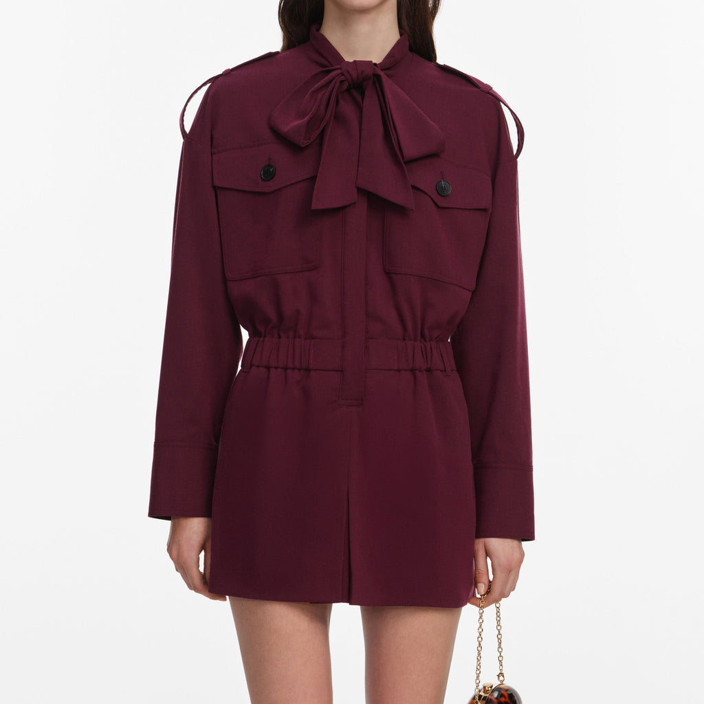 Plum Twill Tie Neck Playsuit