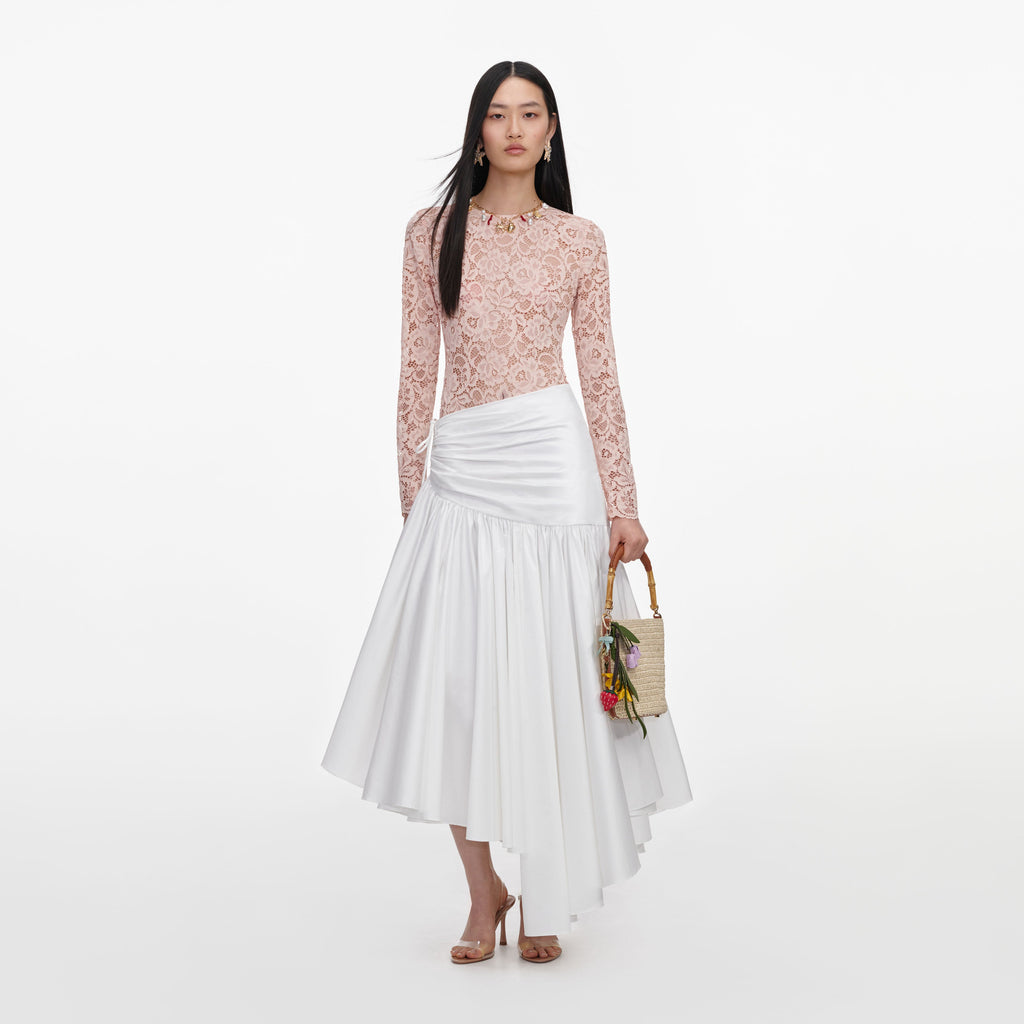 White Cotton Asymmetric Midi Skirt
