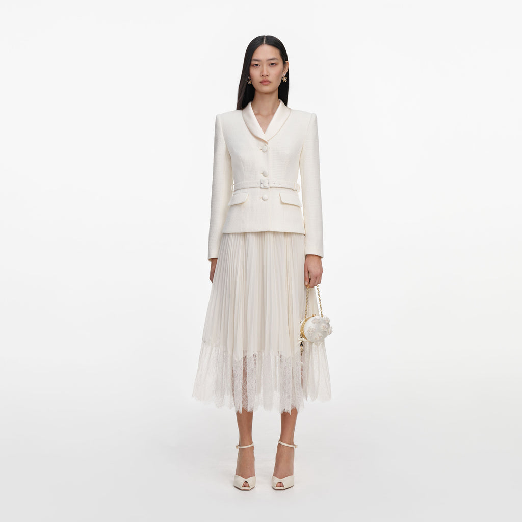 Cream Boucle Shawl Collared Midi Dress