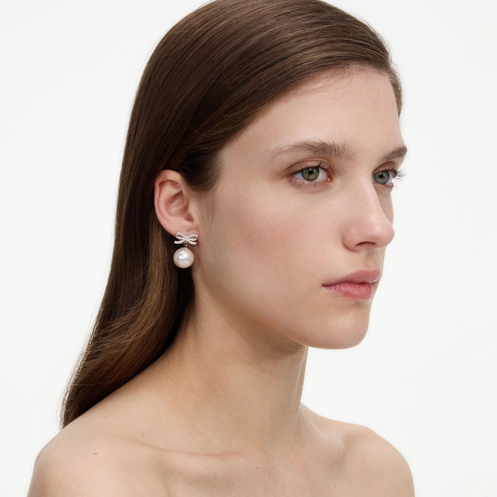 Crystal Bow Pearl Back Earrings