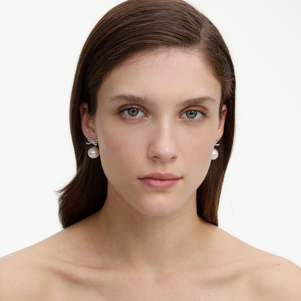 Crystal Bow Pearl Back Earrings