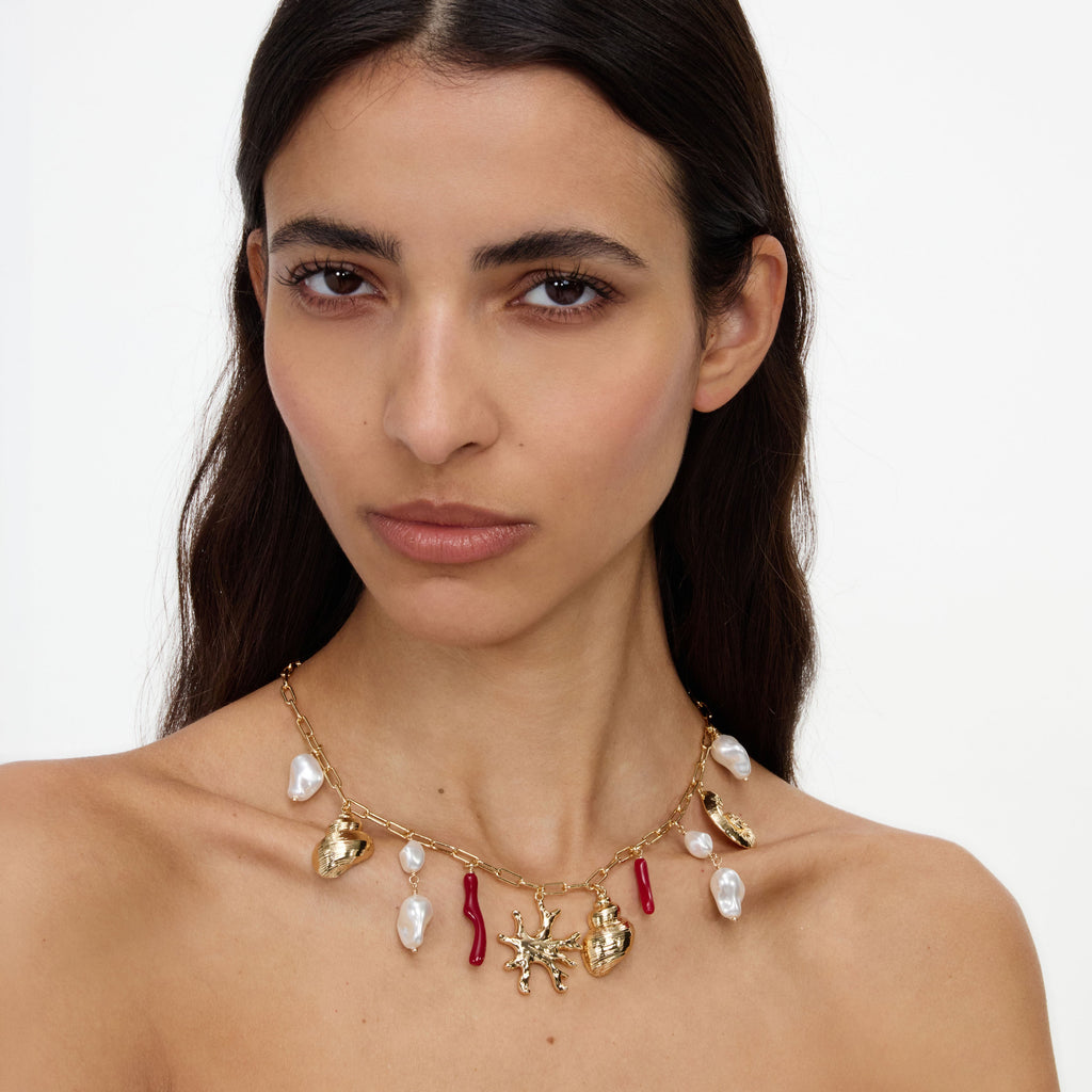 Gold Coral Pearl Charm Necklace