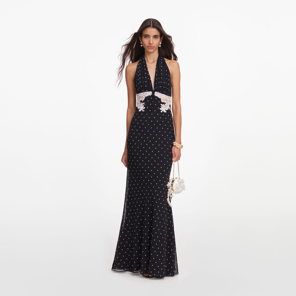 Black Polka Dot Halter Neck Maxi Dress
