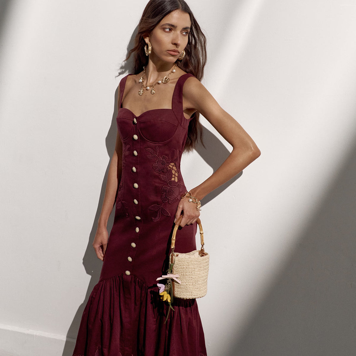 Plum Linen Blend Lace Insert Midi Dress