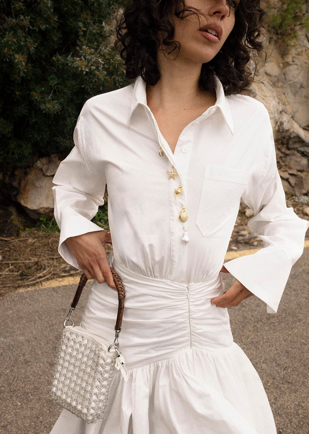 White Cotton Gathered Mini Dress