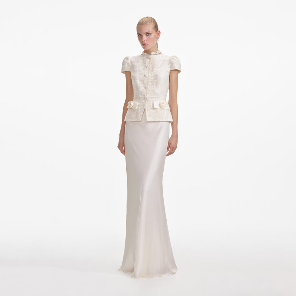 Cream Boucle Bow Detail Maxi Dress
