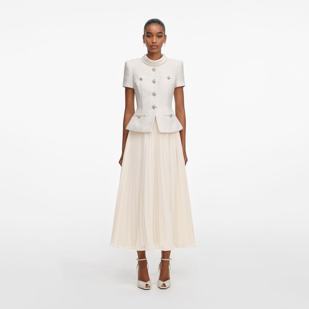 Cream Boucle Collared Midi Dress