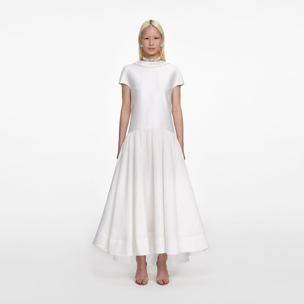 White Satin Ramie Midi Dress