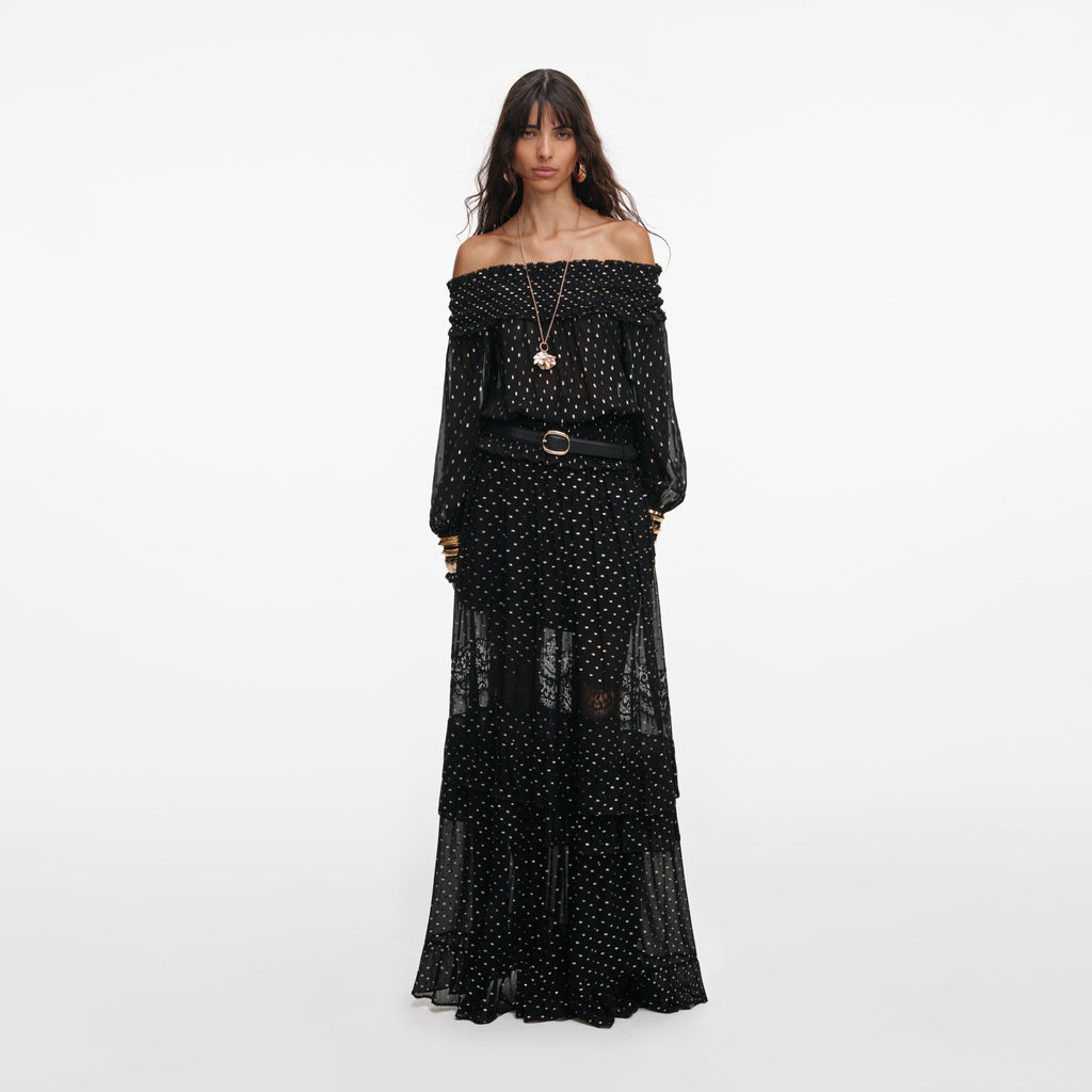 Black And Gold Chiffon Lace Maxi Skirt