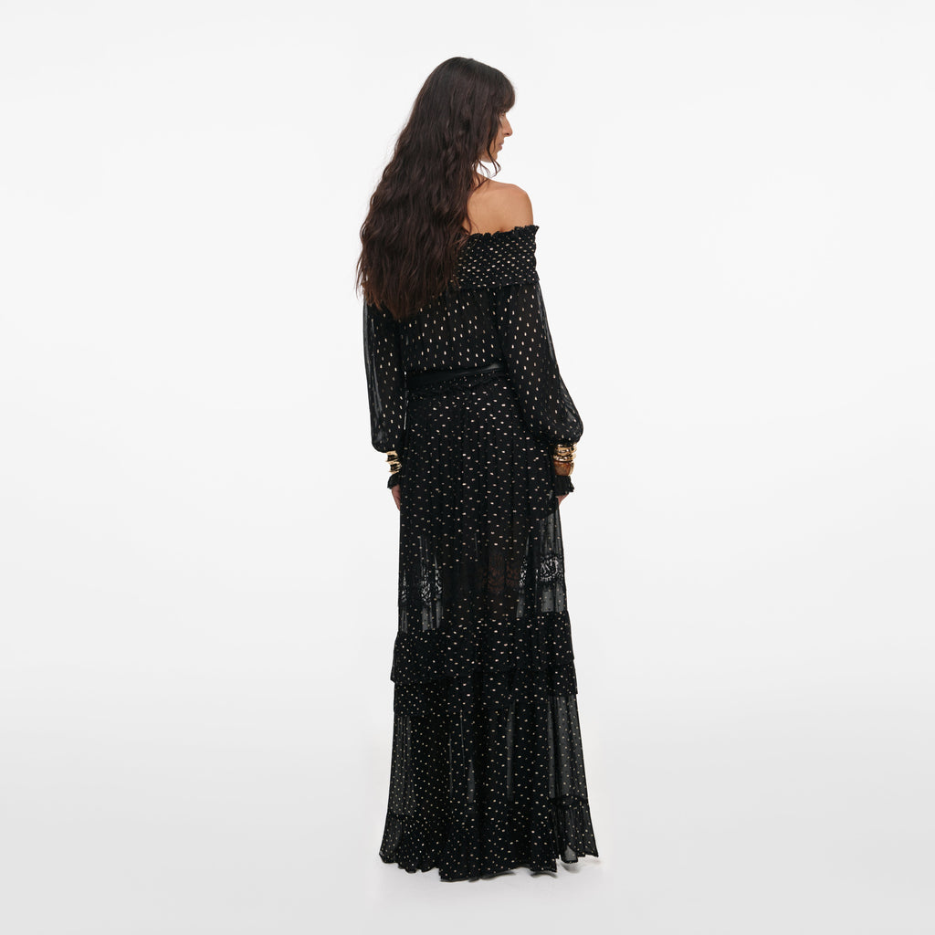Black And Gold Chiffon Lace Maxi Skirt