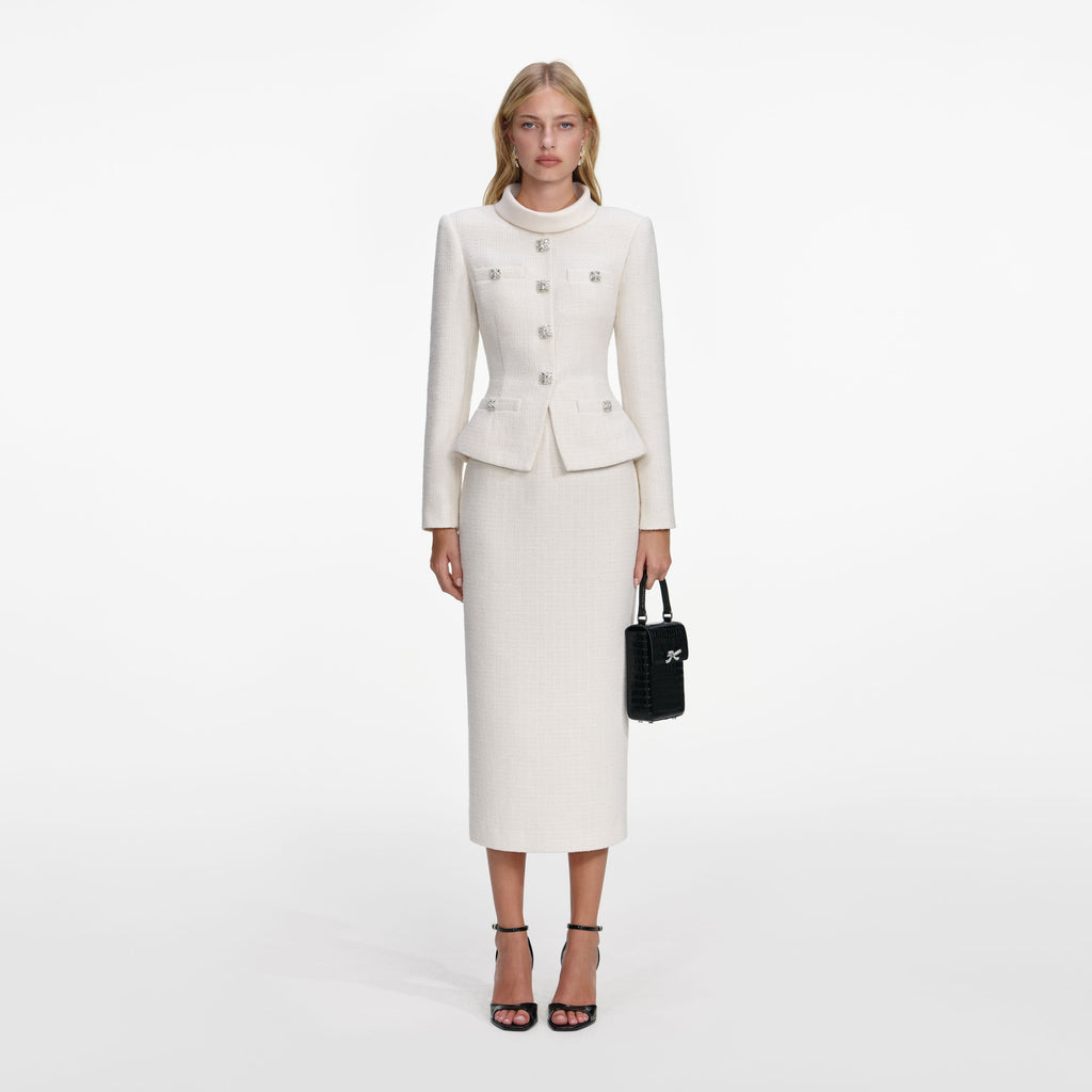 Cream Boucle Tailored Midi Dress