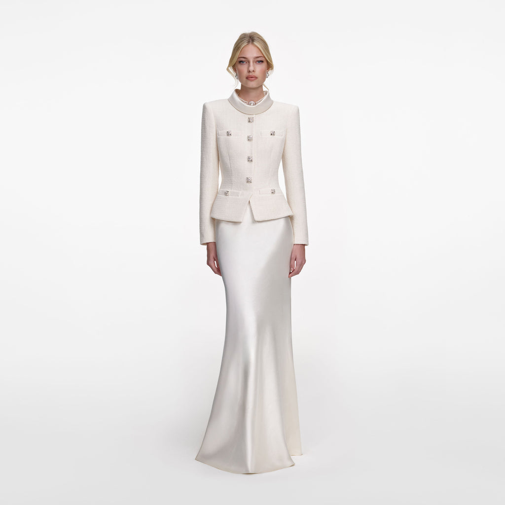 Cream Boucle Collared Maxi Dress