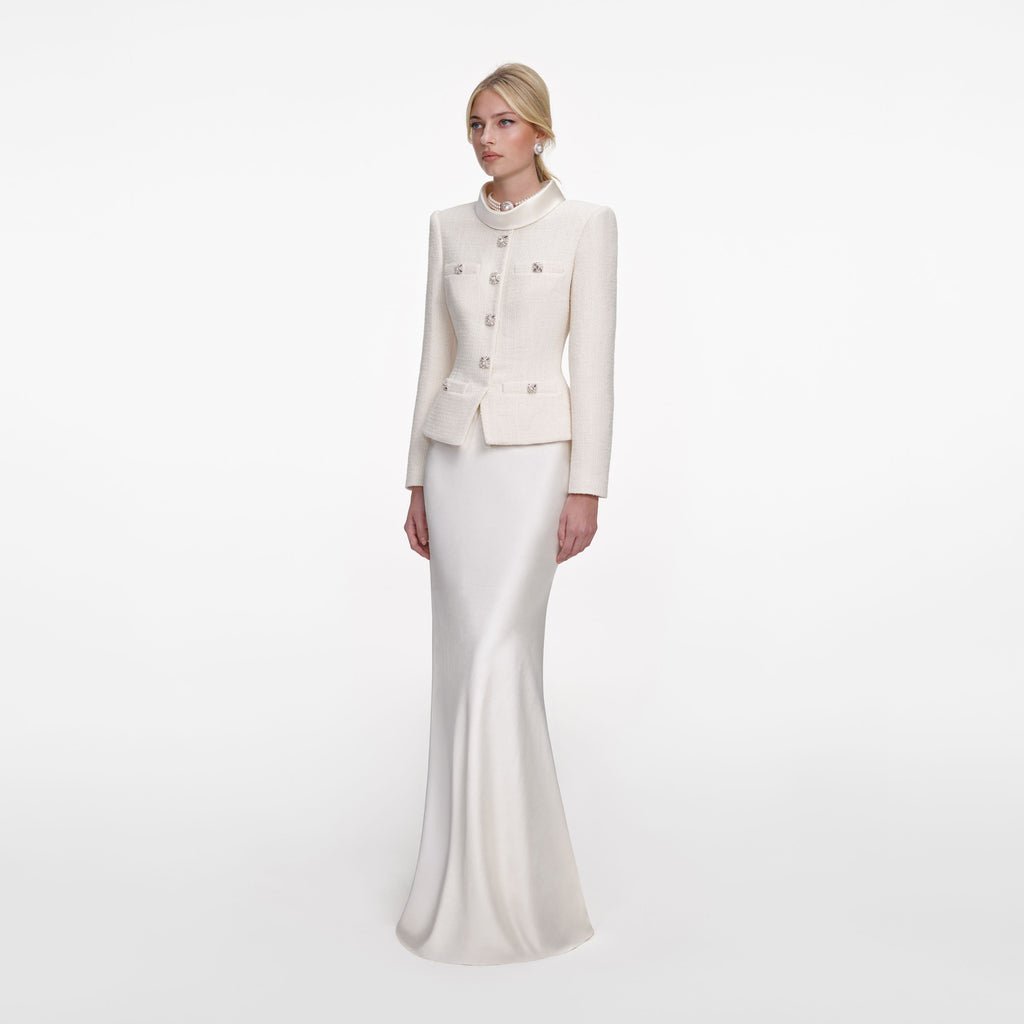 Cream Boucle Collared Maxi Dress