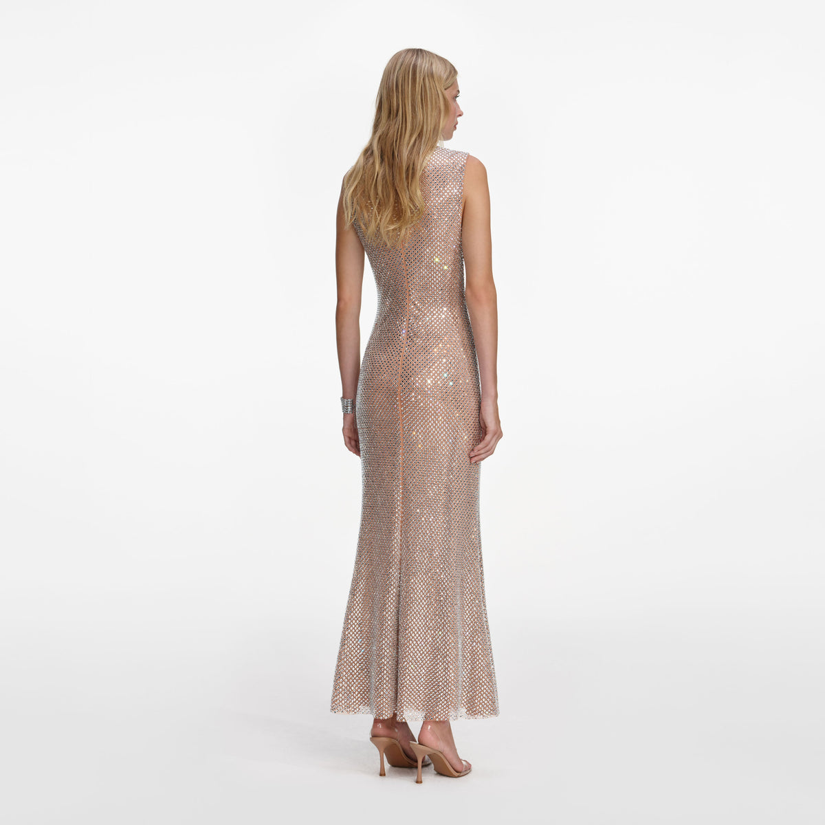 Silver Rhinestone Mesh Midi Dress