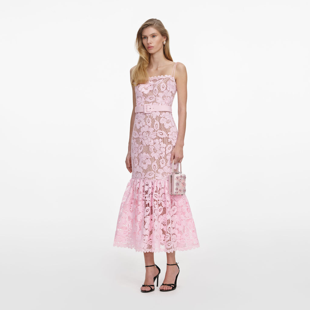 Pink Crochet Lace Midi Dress