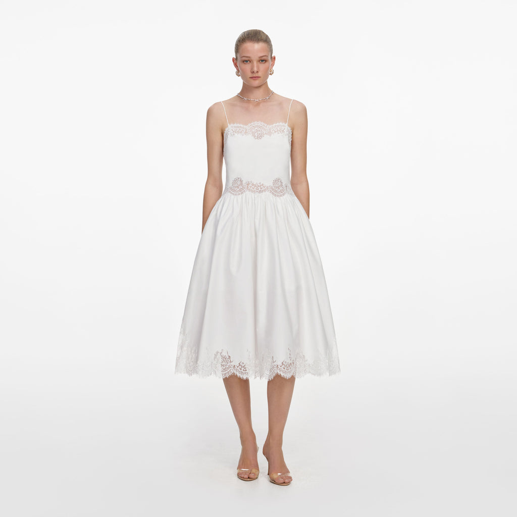 White Cotton Lace Trim Midi Dress