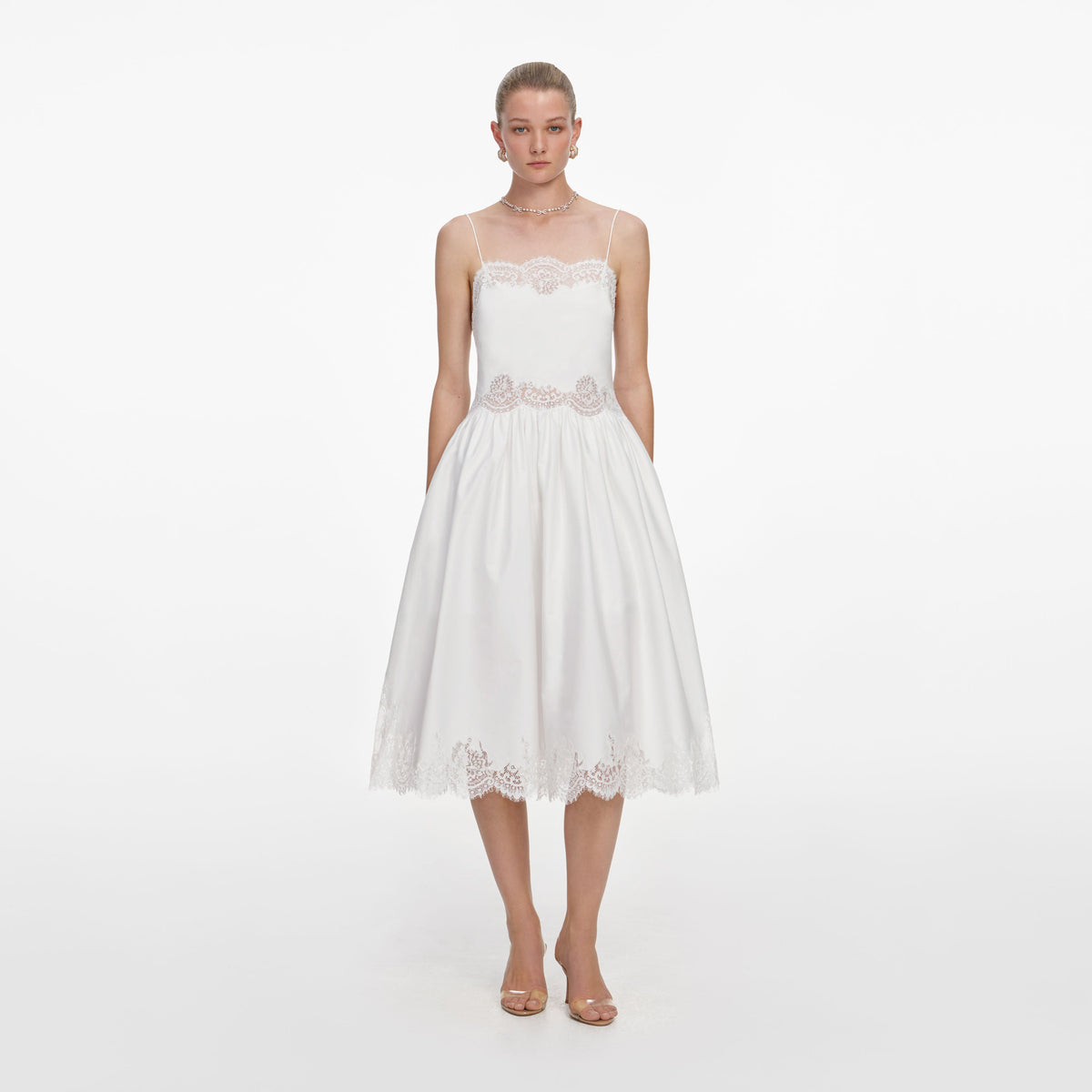 White Cotton Lace Trim Midi Dress