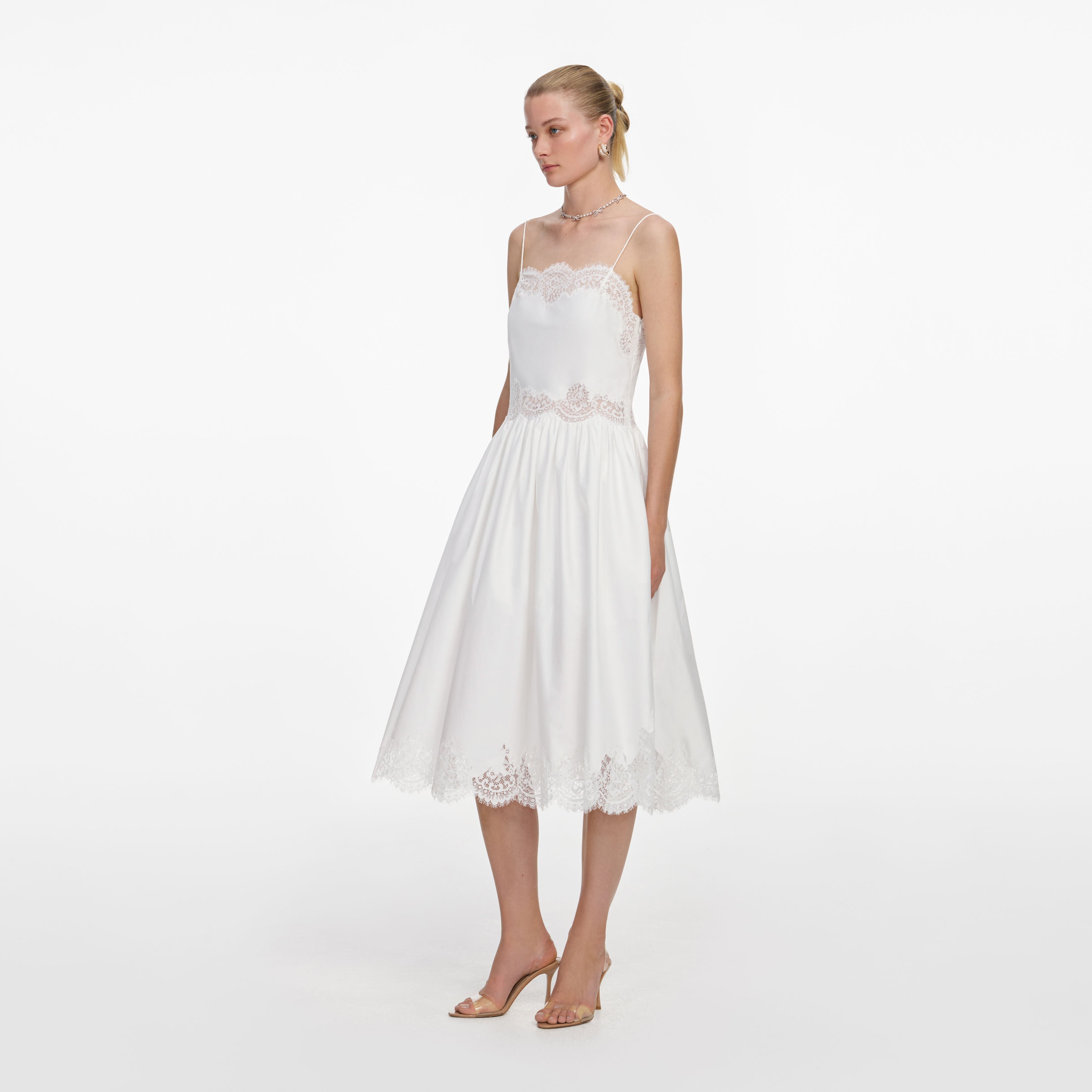 White Cotton Lace Trim Midi Dress