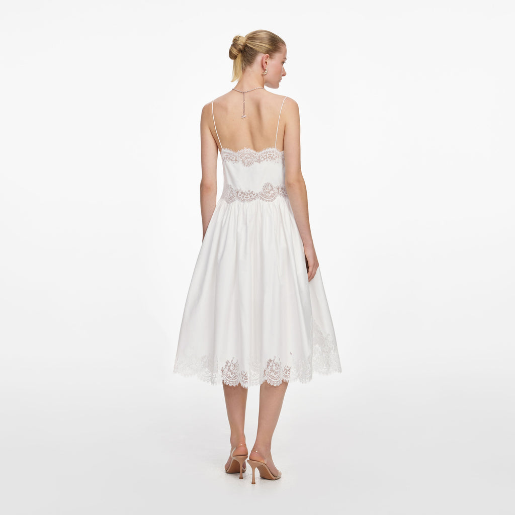 White Cotton Lace Trim Midi Dress