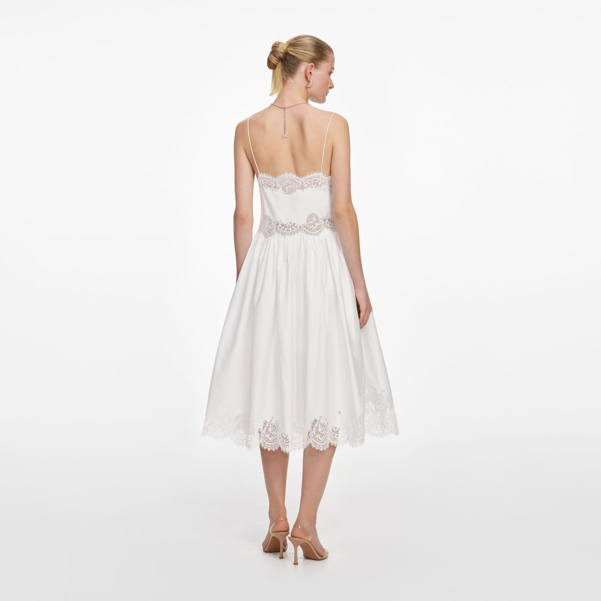 White Cotton Lace Trim Midi Dress