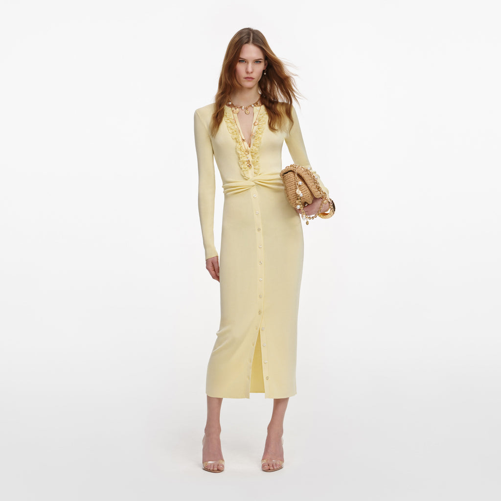Yellow Viscose Knit Ruffle Midi Dress