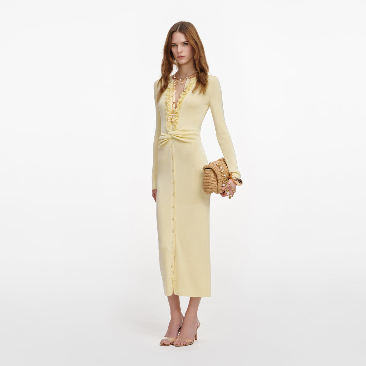 Yellow Viscose Knit Ruffle Midi Dress