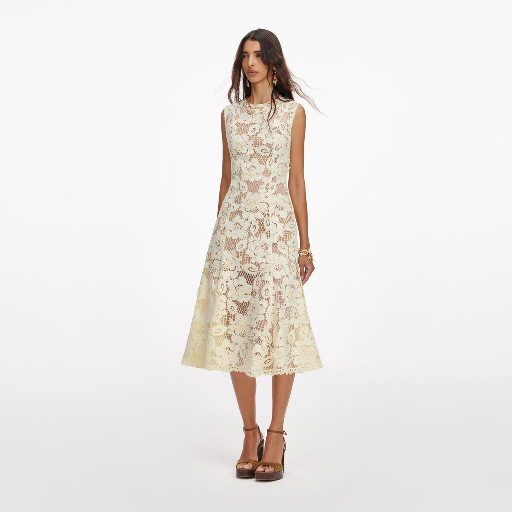 Yellow Crochet Lace Midi Dress