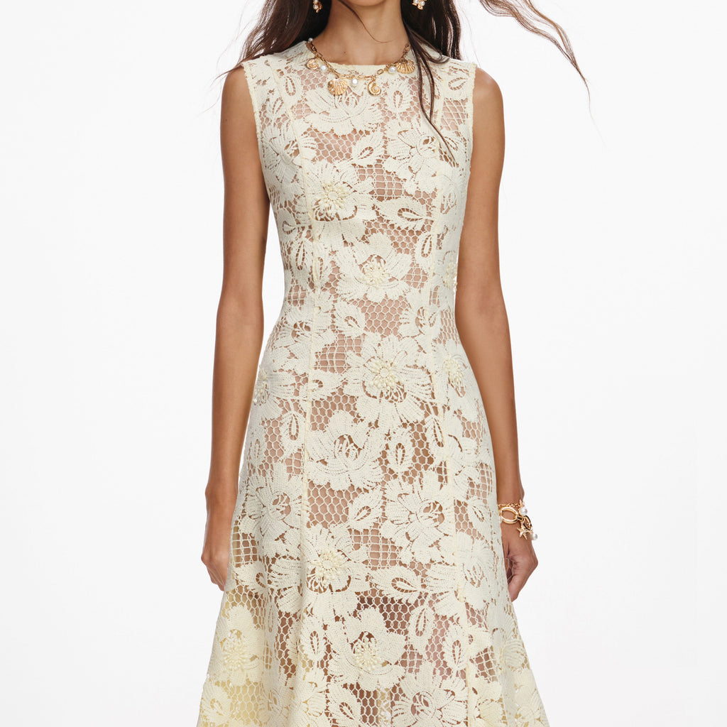 Yellow Crochet Lace Midi Dress