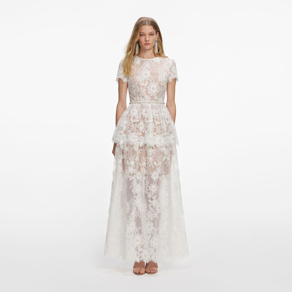 White Sequin Lace Tiered Maxi Dress