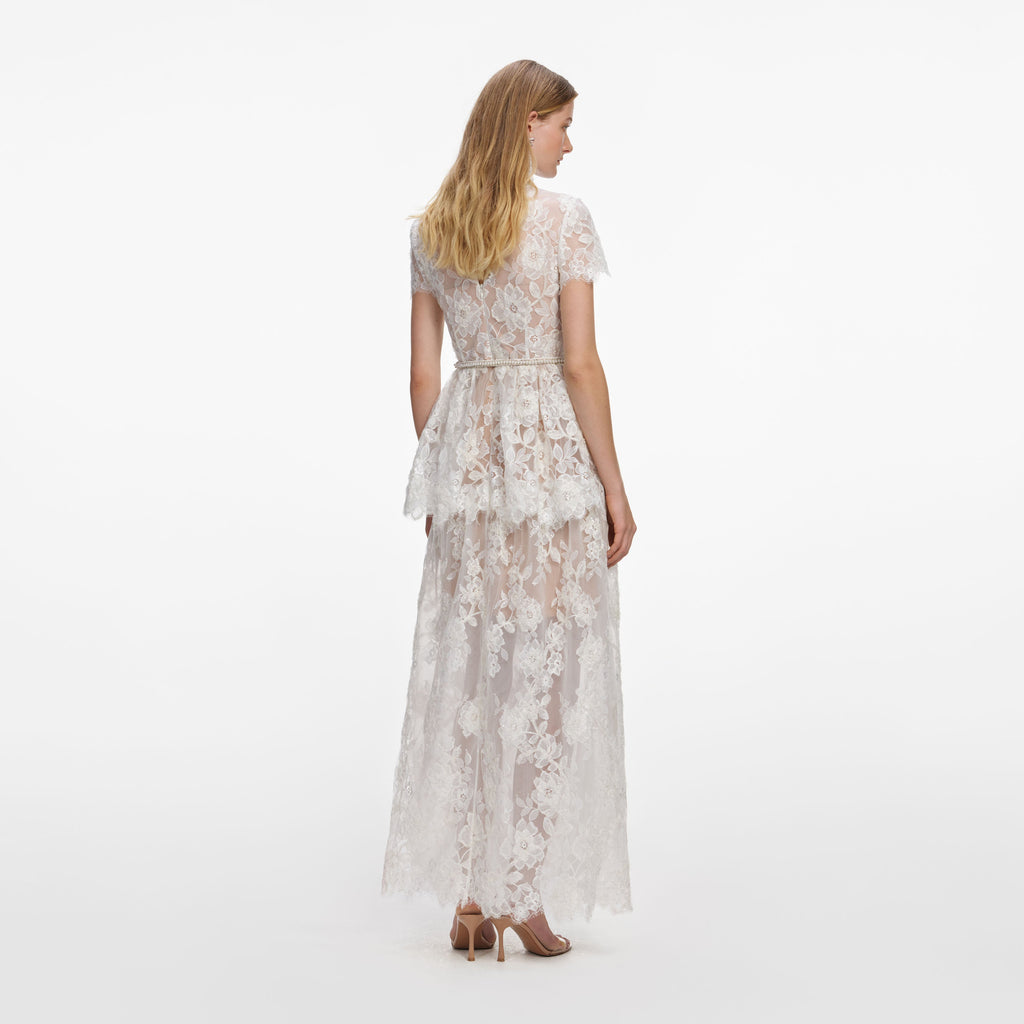 White Sequin Lace Tiered Maxi Dress