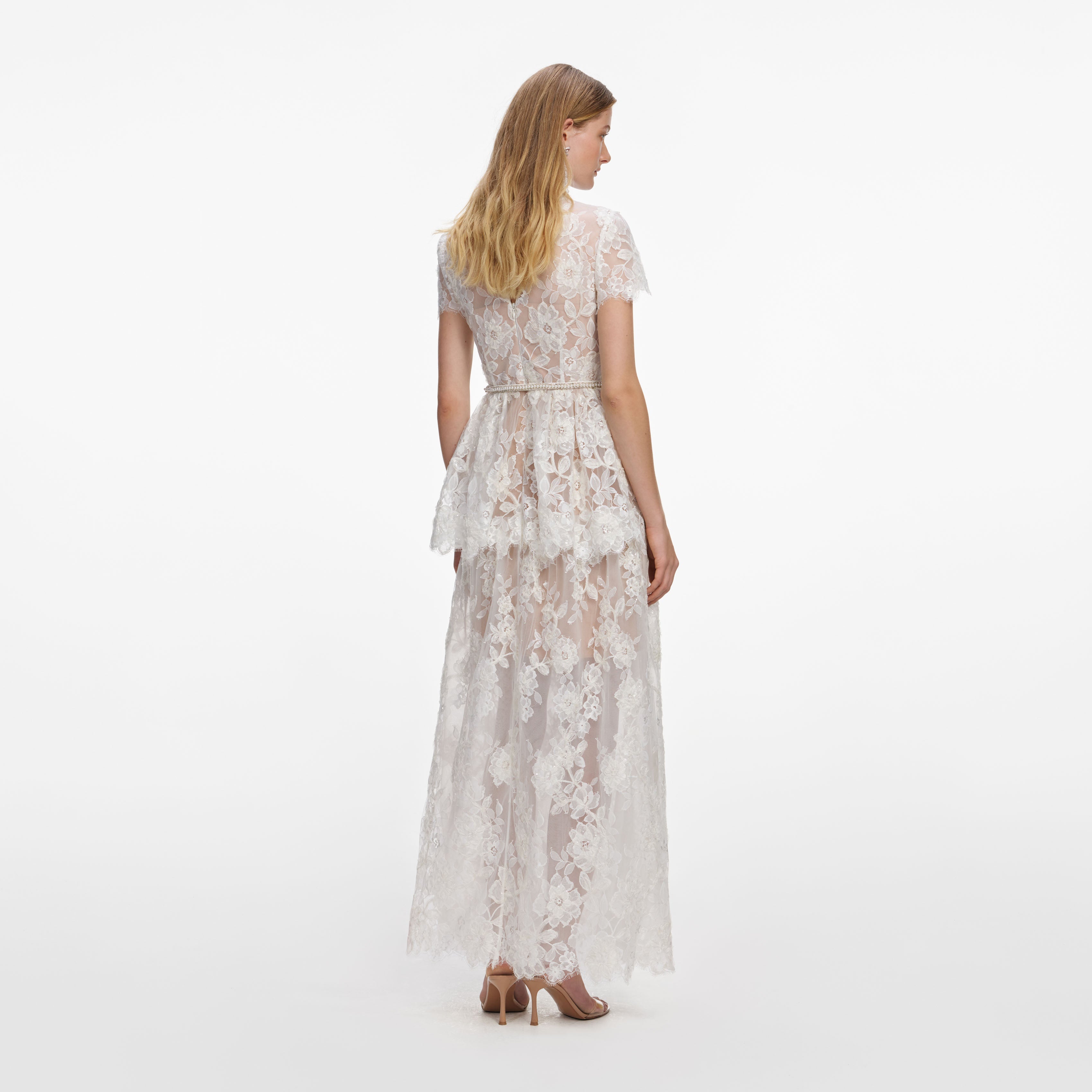 White Sequin Lace Tiered Maxi Dress